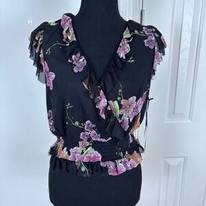 1.STATE Floral Ruffle Trim Sleeveless Blouse Black Pink Orange Medium M New Tags
